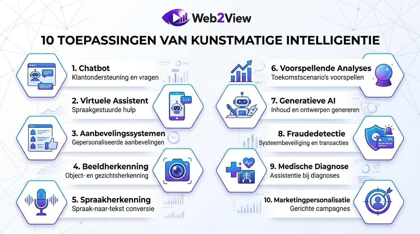 infographic met 10 veelvoorkomende AI toepassingen in bedrijven en dagelijks leven