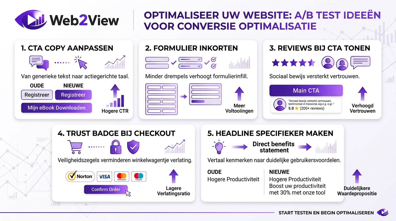 infographic met a b test ideeën voor conversie optimalisatie zoals cta formulier en trust signals