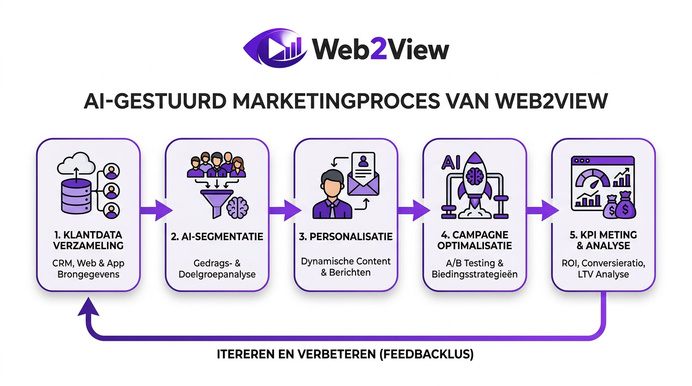 flowchart van ai marketing van klantdata en segmentatie naar personalisatie en kpi meting