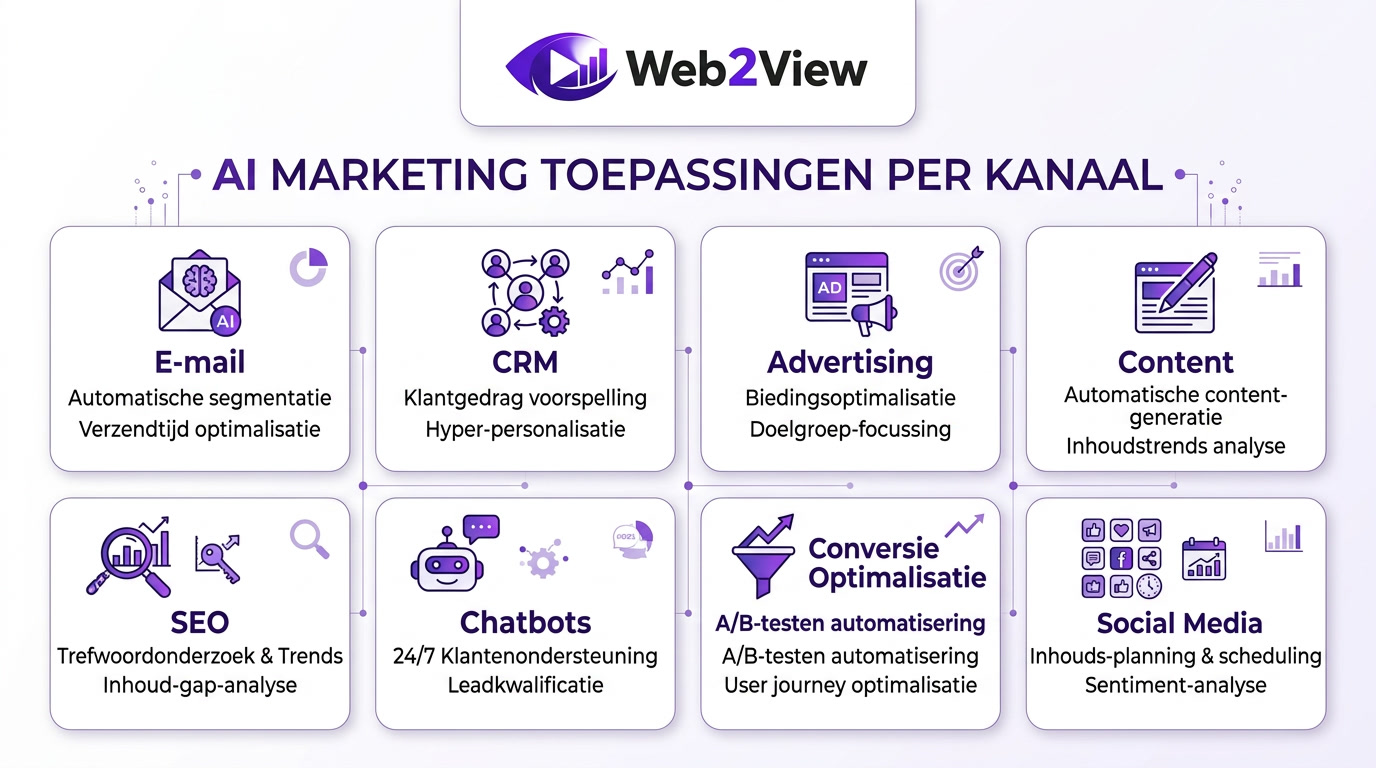 overzicht van ai marketing toepassingen voor e mail crm advertising content seo chatbots en conversie optimalisatie