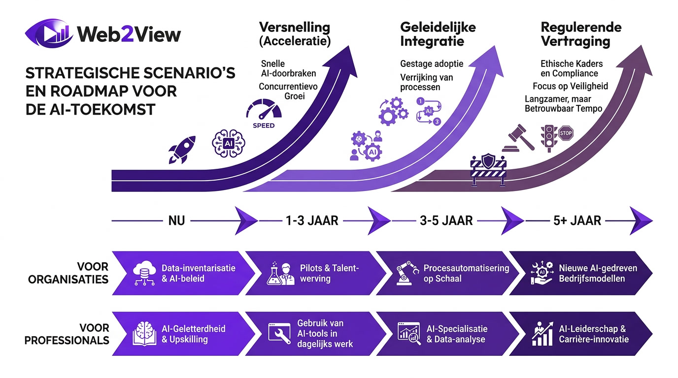 overzicht van scenario’s voor de ai toekomst met versnelling geleidelijke integratie en regulerende vertraging