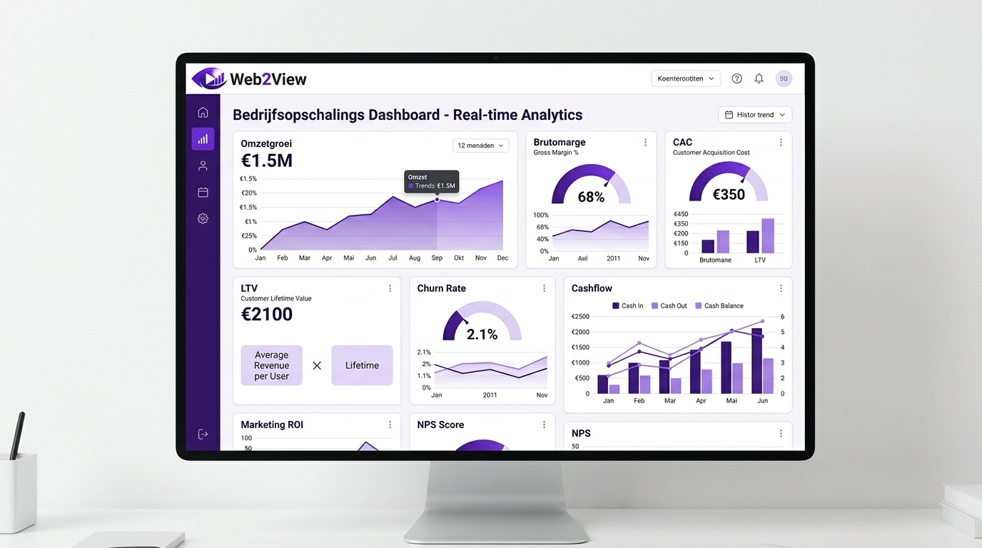 dashboard met kpis voor een bedrijf opschalen zoals omzetgroei marge CAC LTV churn en cashflow