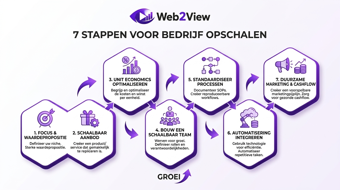 overzicht van een stappenplan voor een bedrijf opschalen met focus op processen team marketing en cashflow