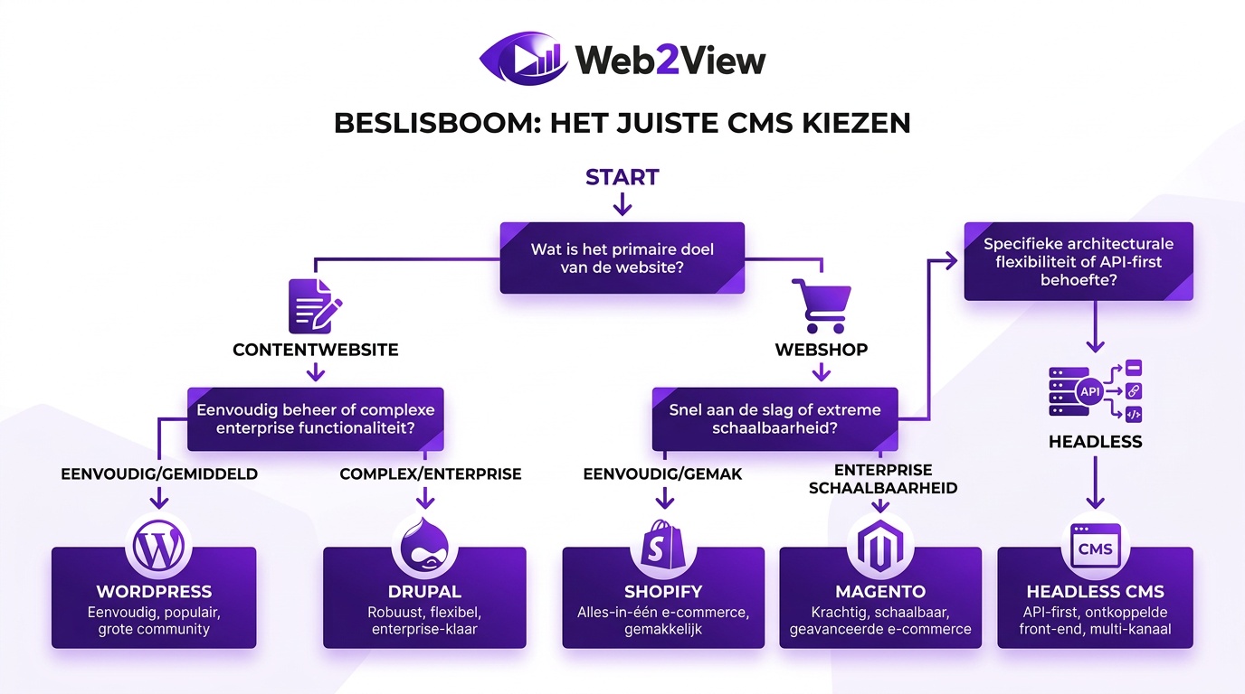 beslisboom voor het kiezen van het juiste cms zoals wordpress shopify drupal magento en headless cms