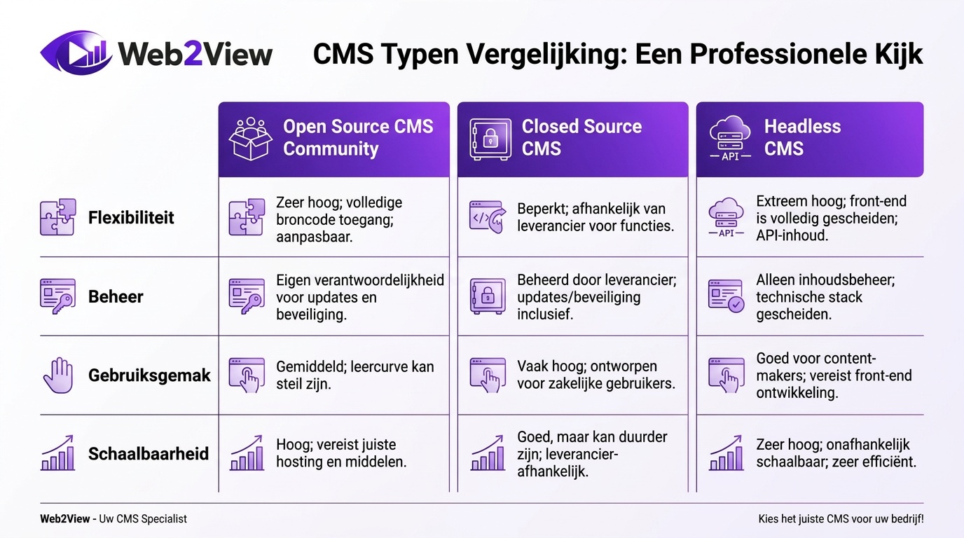 vergelijking van open source closed source en headless cms met verschillen in flexibiliteit beheer en schaalbaarheid