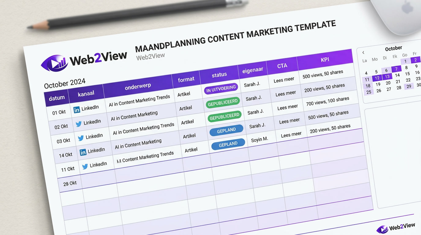 voorbeeld van een contentkalender template met datum, kanaal, onderwerp, format, status en KPI