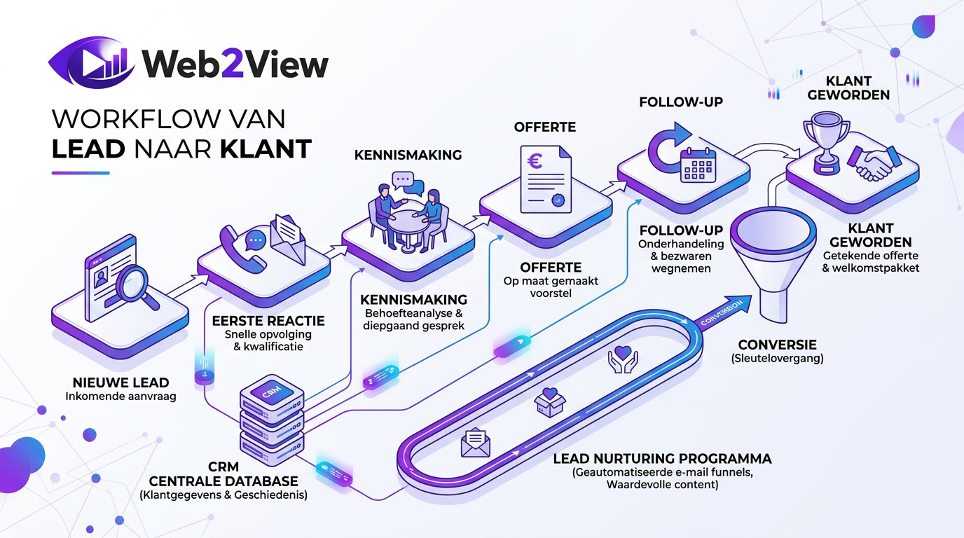 diagram van een crm-workflow voor opvolging, lead nurturing en conversie naar klant