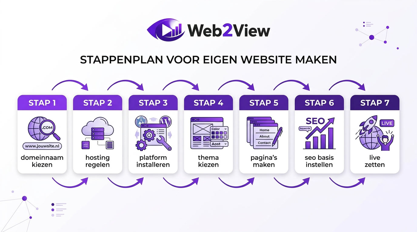overzicht van stappenplan voor eigen website maken van domeinnaam en hosting tot seo en livegang