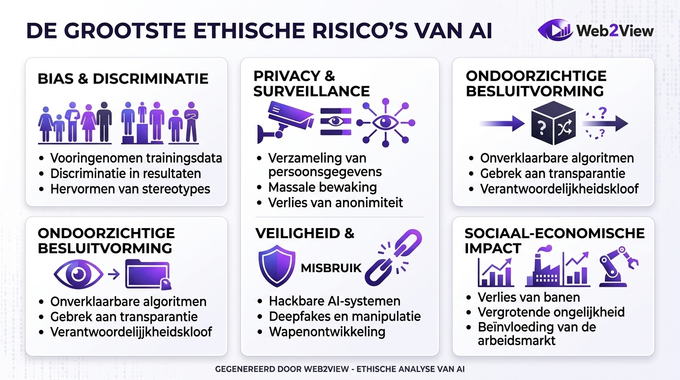 infographic met de belangrijkste ethische risico’s van AI zoals bias, privacyproblemen en ondoorzichtige besluitvorming