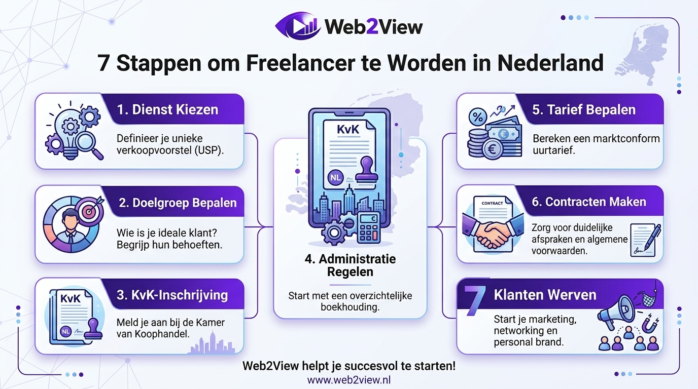 infographic met 7 stappen om freelancer te worden in Nederland