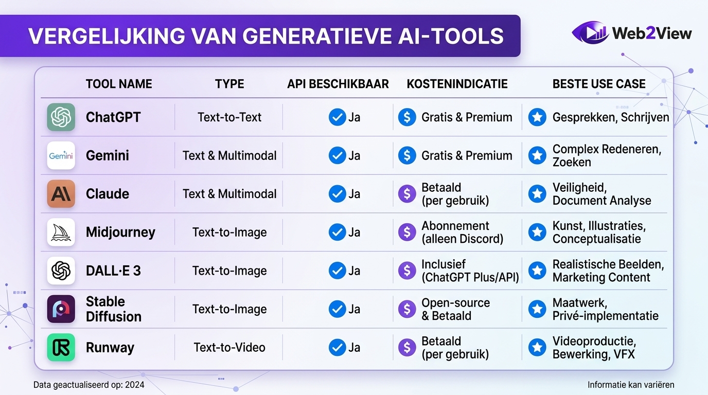 vergelijking van populaire generatieve AI tools en hun belangrijkste toepassingen