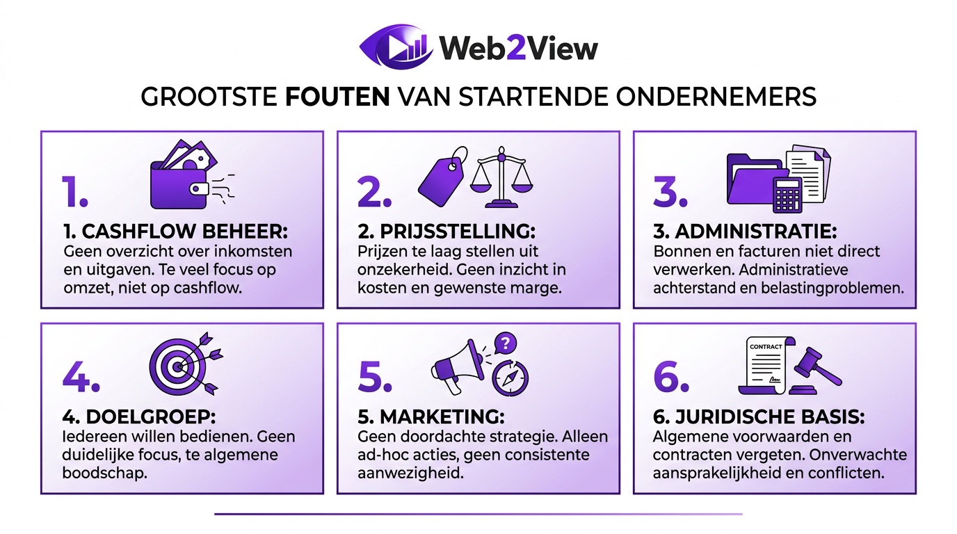 overzicht van de grootste fouten van startende ondernemers zoals cashflow prijsstelling administratie en marketing