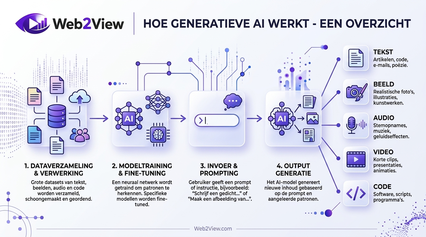 infographic die uitlegt hoe generatieve AI werkt van data en training naar nieuwe output