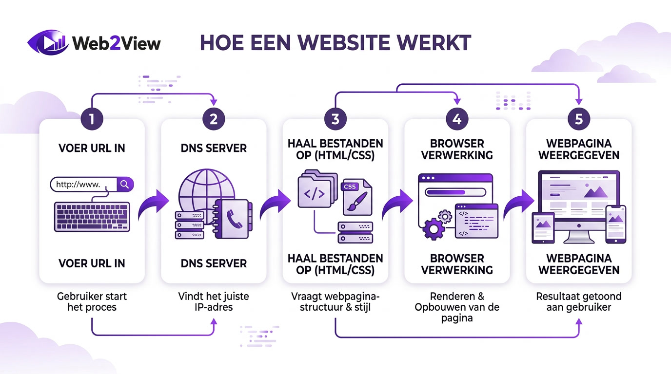 diagram van hoe een website werkt van url en dns naar server browser en webpagina