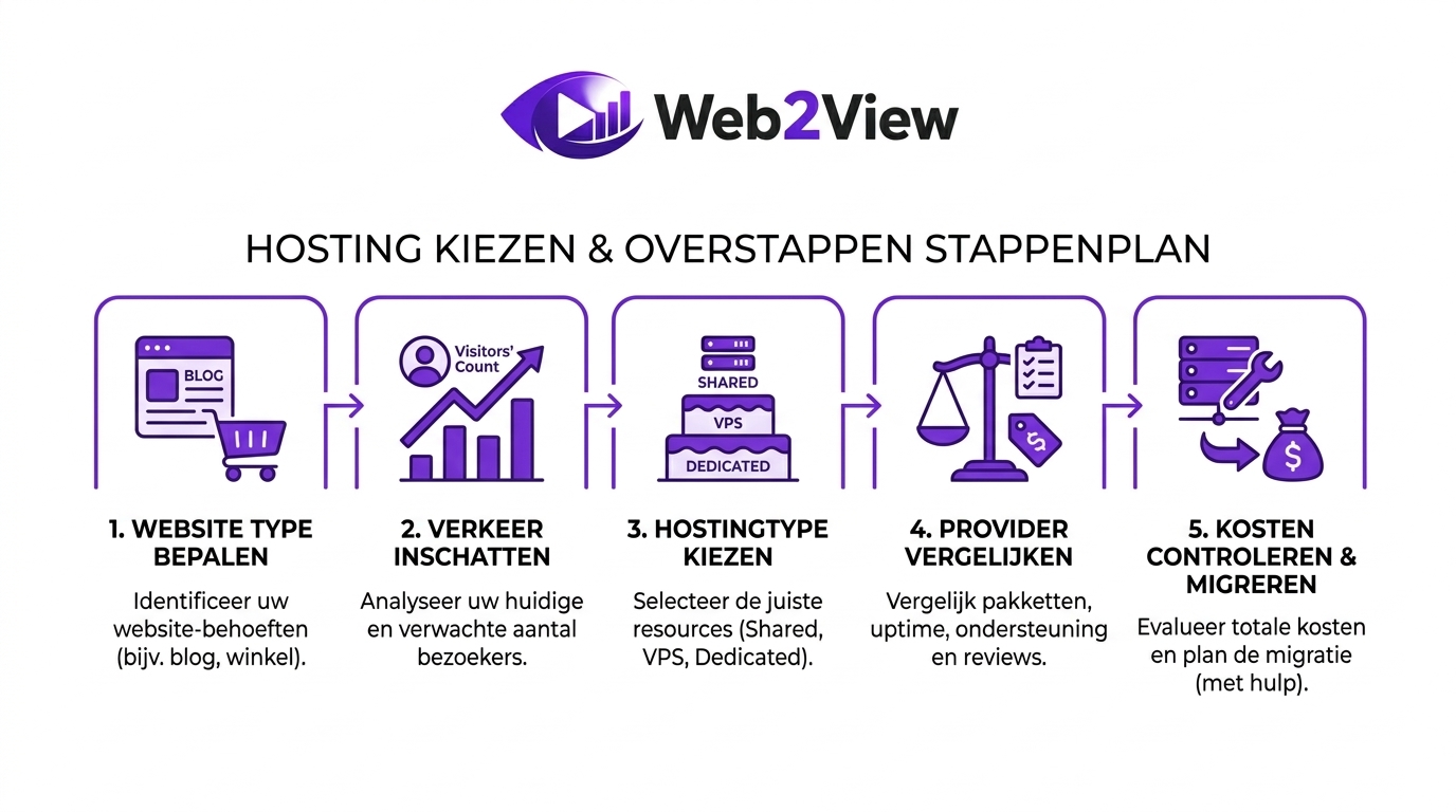 overzicht van stappenplan voor hosting kiezen en veilig overstappen naar een nieuwe hoster
