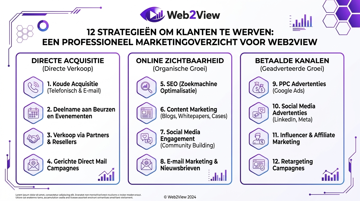 infographic met 12 strategieën om klanten te werven voor ondernemers