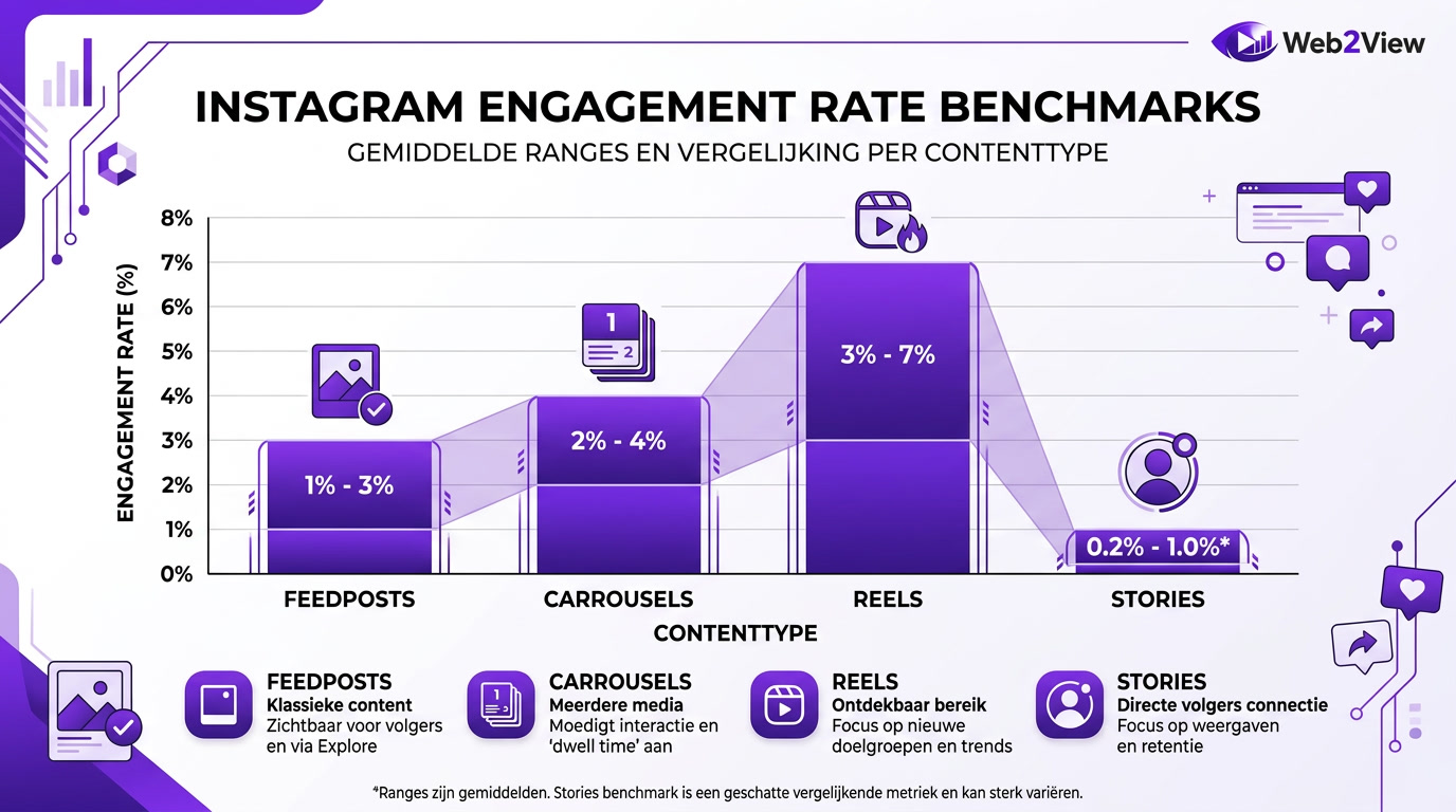grafiek met instagram engagement rate benchmarks voor feedposts carrousels reels en stories