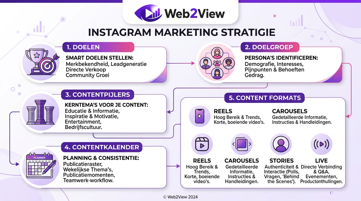 infographic met instagram marketing strategie, contentpijlers en formats zoals reels, carrousels en stories