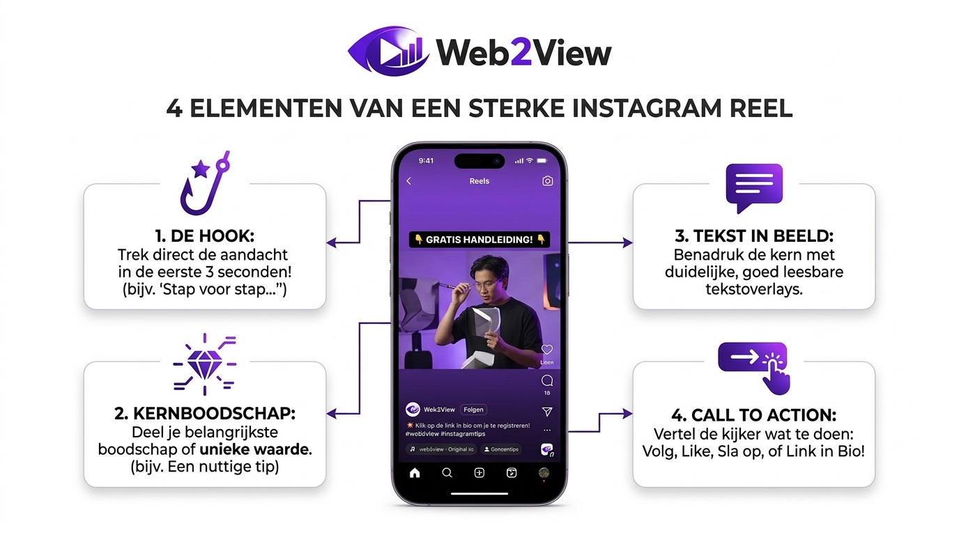 overzicht van de opbouw van een sterke Instagram Reel met hook kernboodschap tekst in beeld en call to action