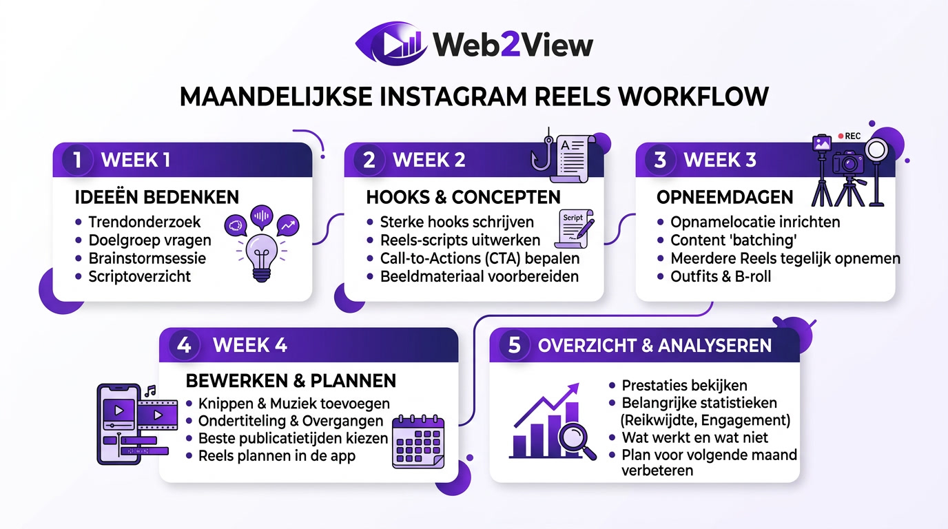 overzicht van een eenvoudige workflow en contentkalender voor Instagram Reels marketing