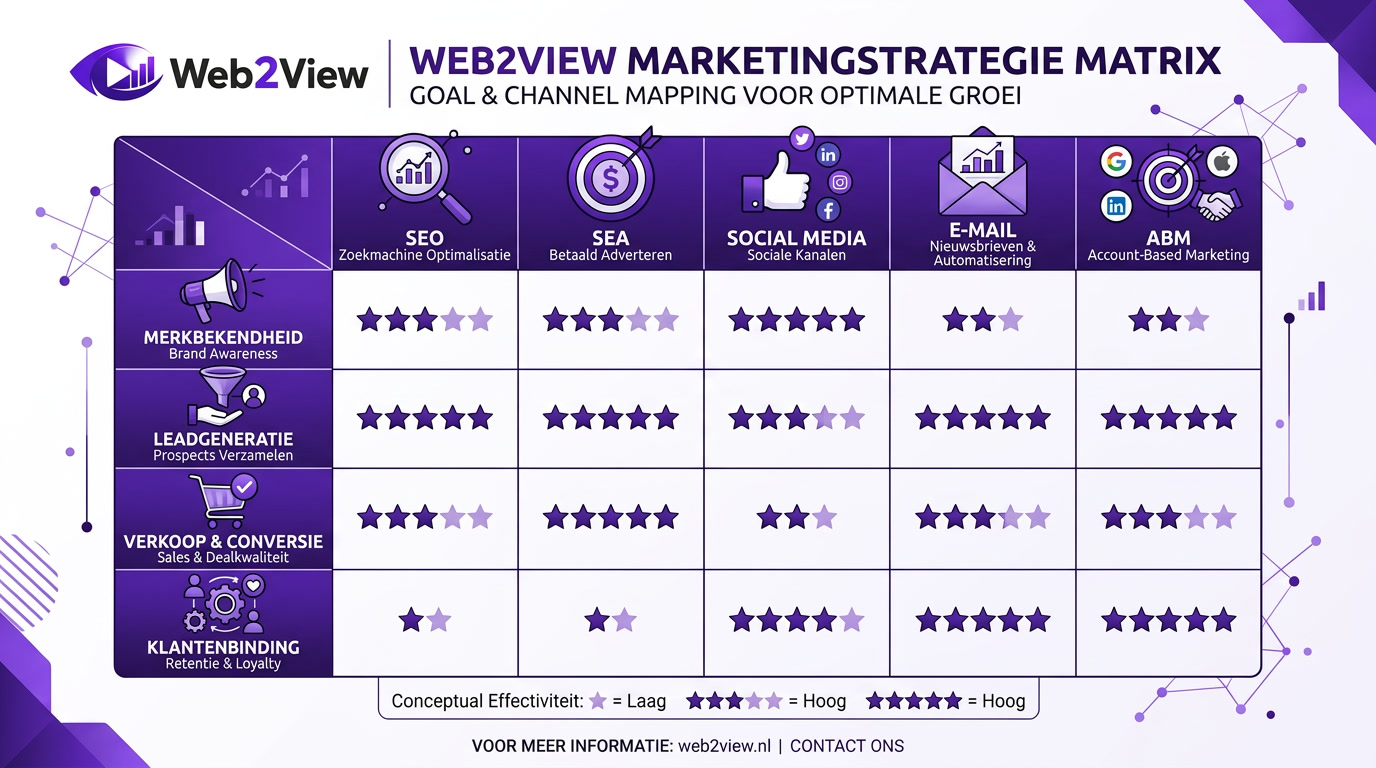 marketingstrategie matrix met doelen en passende kanalen zoals SEO SEA social media en e mail