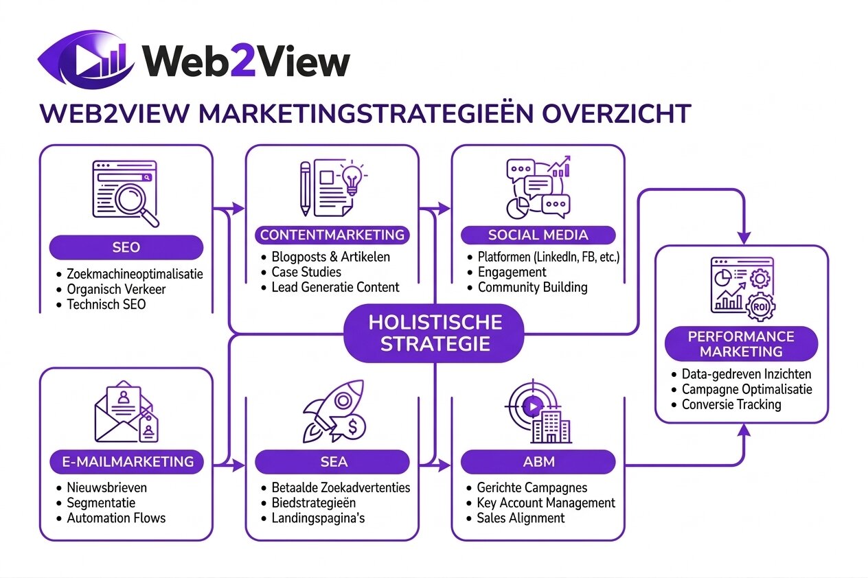 overzicht van verschillende marketingstrategieën zoals SEO content social media e mail en SEA