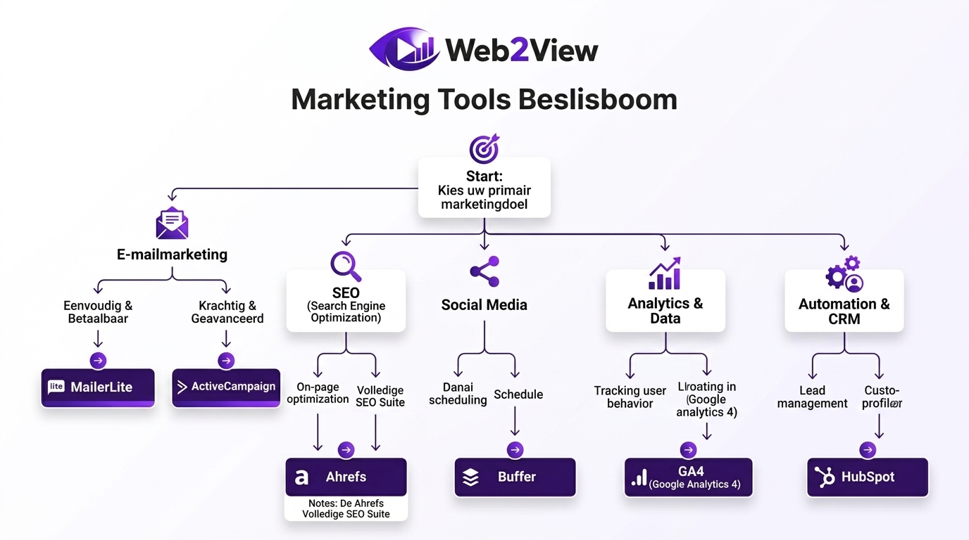 beslisboom voor marketing tools met categorieën zoals e mail seo social media analytics automation en crm