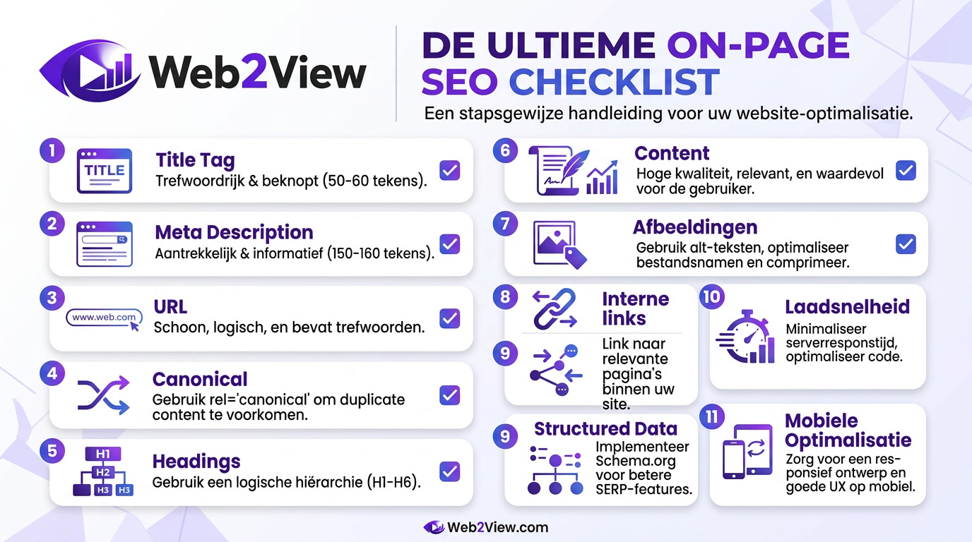 infographic met een complete on page seo checklist voor titles, content, interne links en snelheid