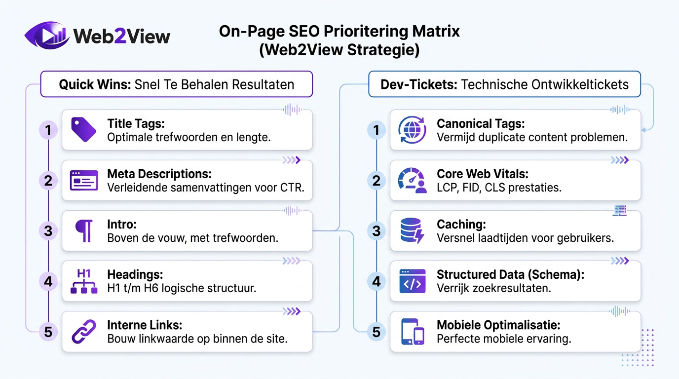 flowchart met on page seo quick wins versus technische dev-tickets