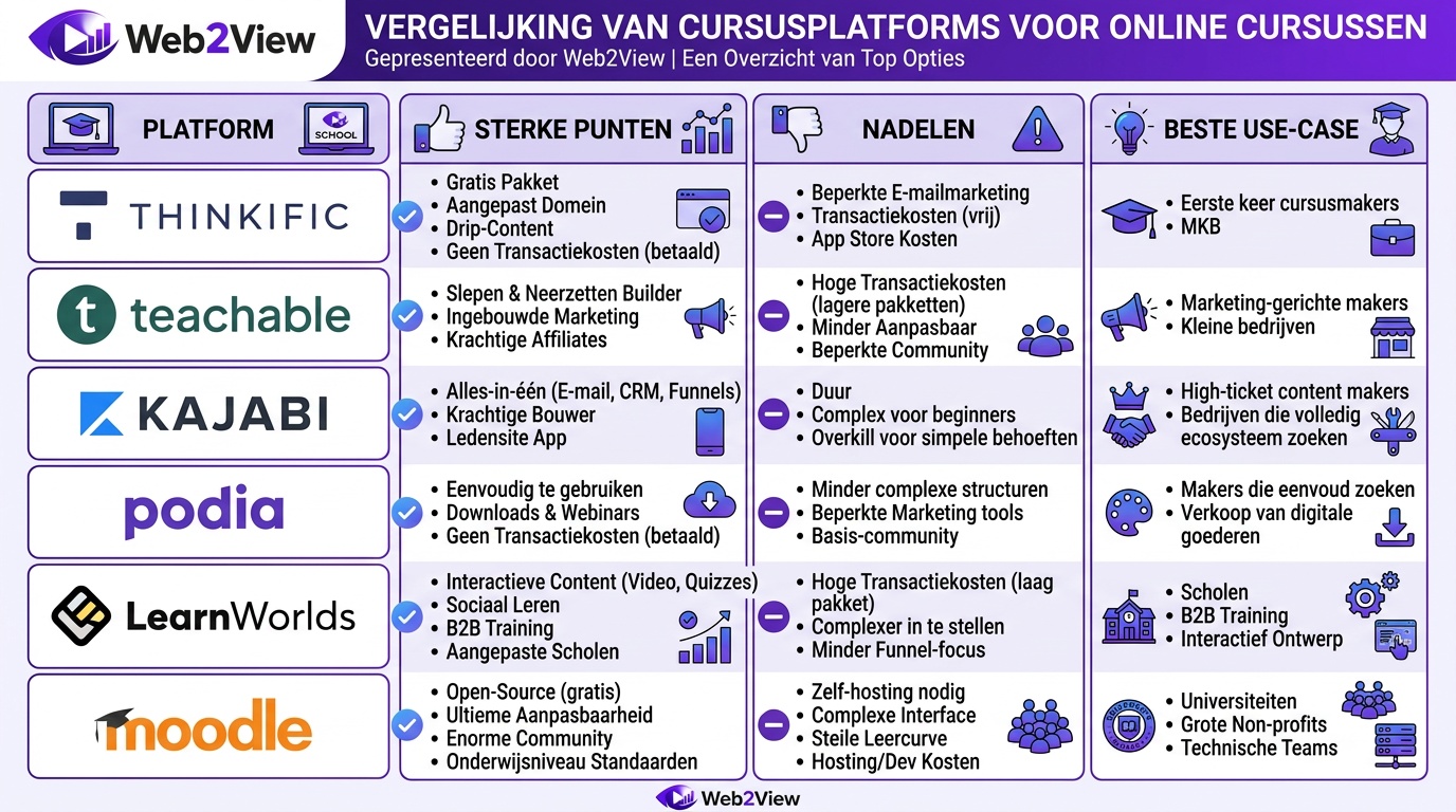 vergelijking van cursusplatforms zoals Thinkific Teachable Kajabi Podia LearnWorlds en Moodle