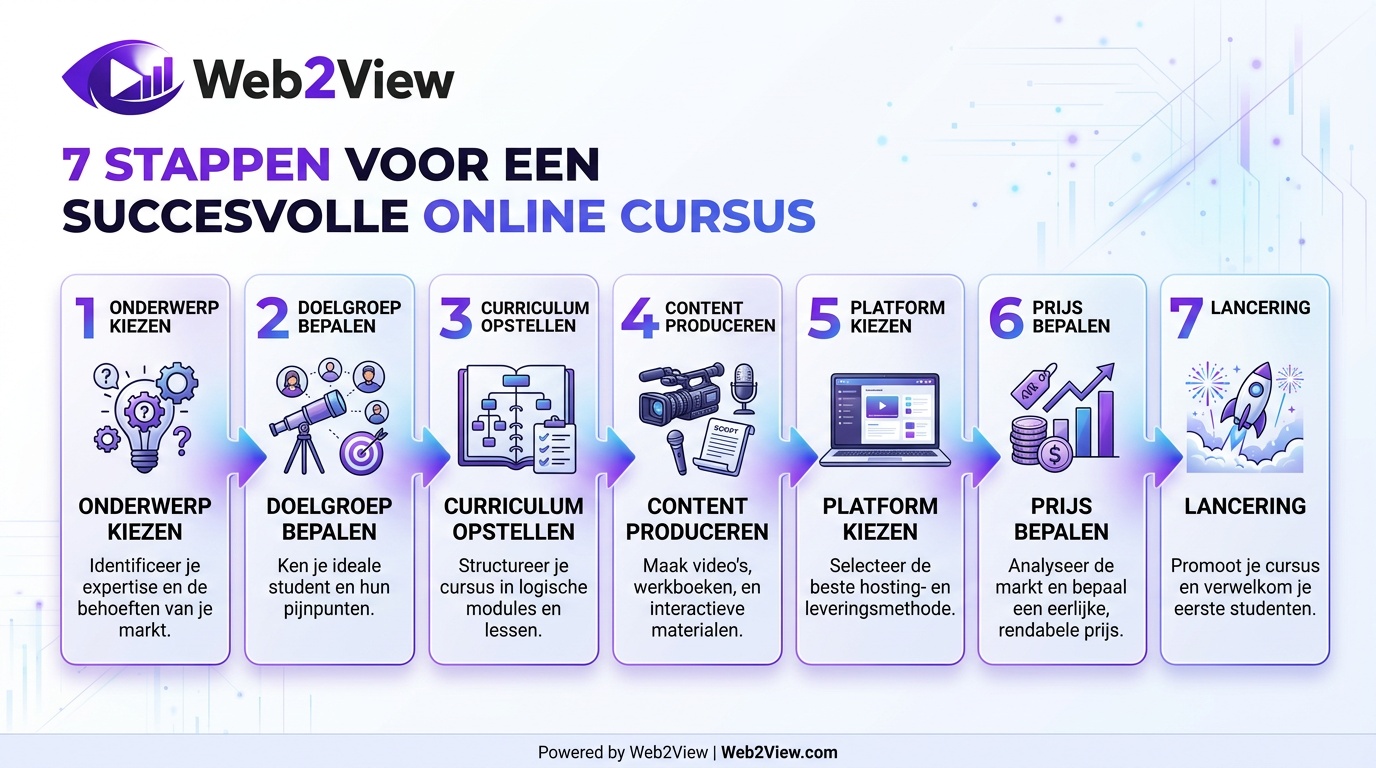 infographic met 7 stappen voor het maken en lanceren van een online cursus