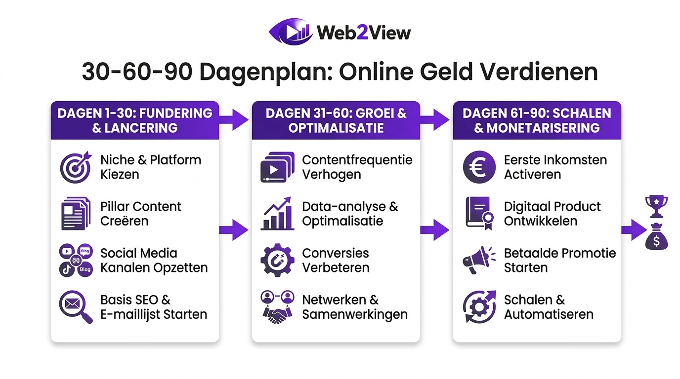 overzicht van een 30 60 90 dagenplan voor online geld verdienen met concrete stappen