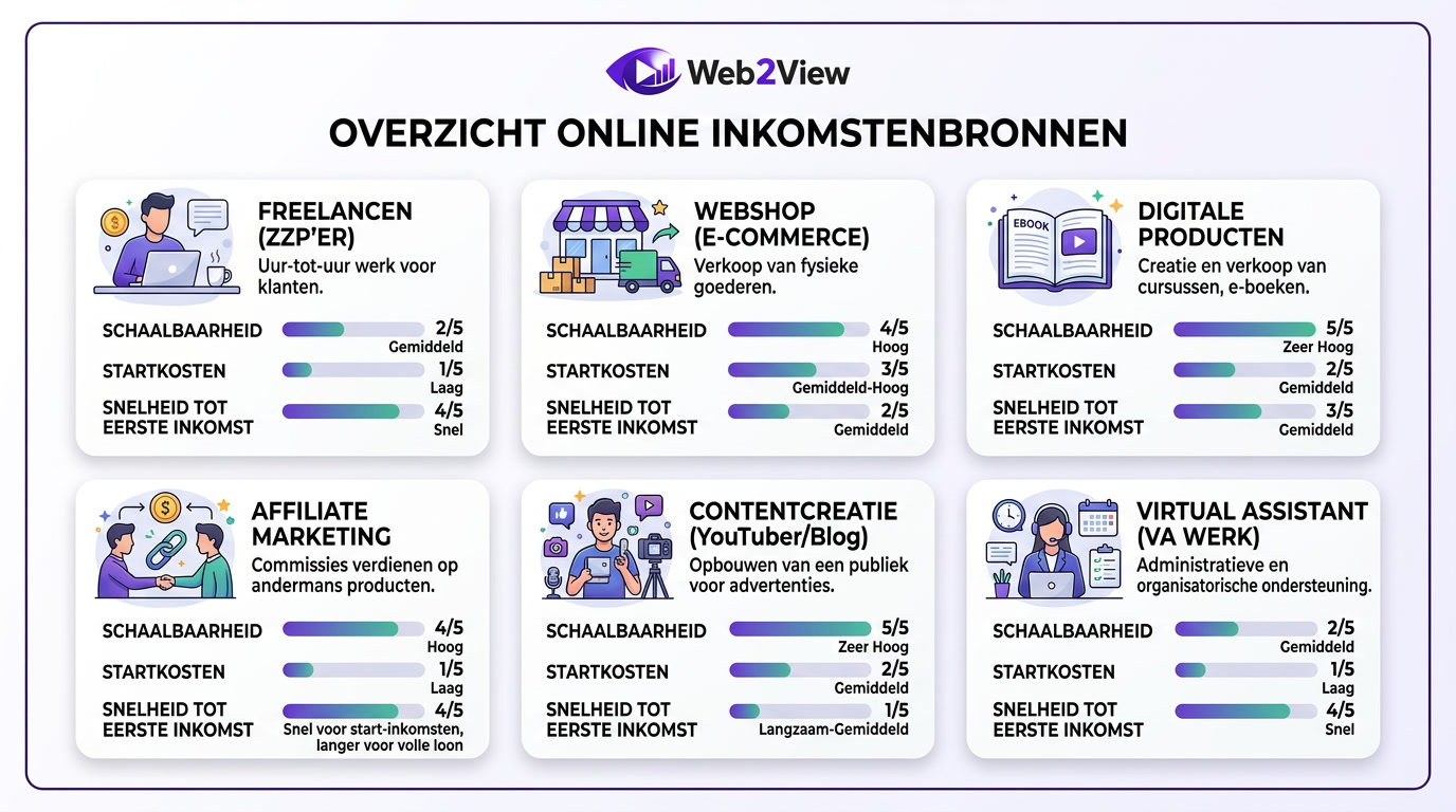 vergelijking van manieren om online geld te verdienen met verschillen in startkosten snelheid en schaalbaarheid