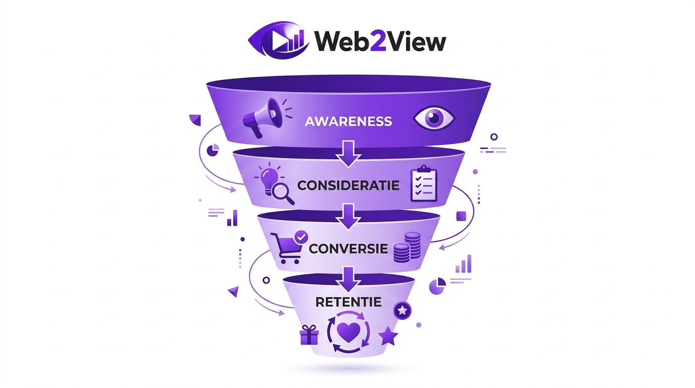 overzicht van online marketing funnel met fases awareness consideratie conversie en retentie