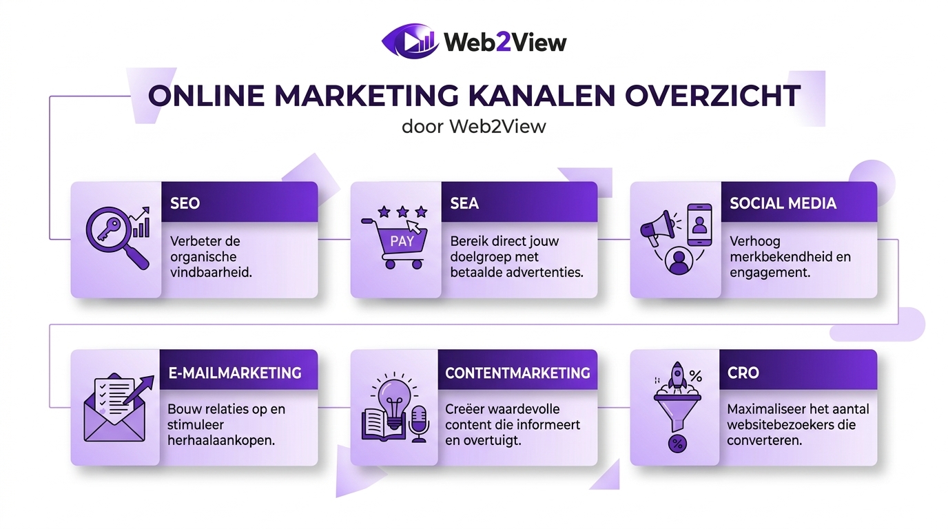 overzicht van belangrijkste online marketing kanalen zoals SEO SEA social media en e mailmarketing
