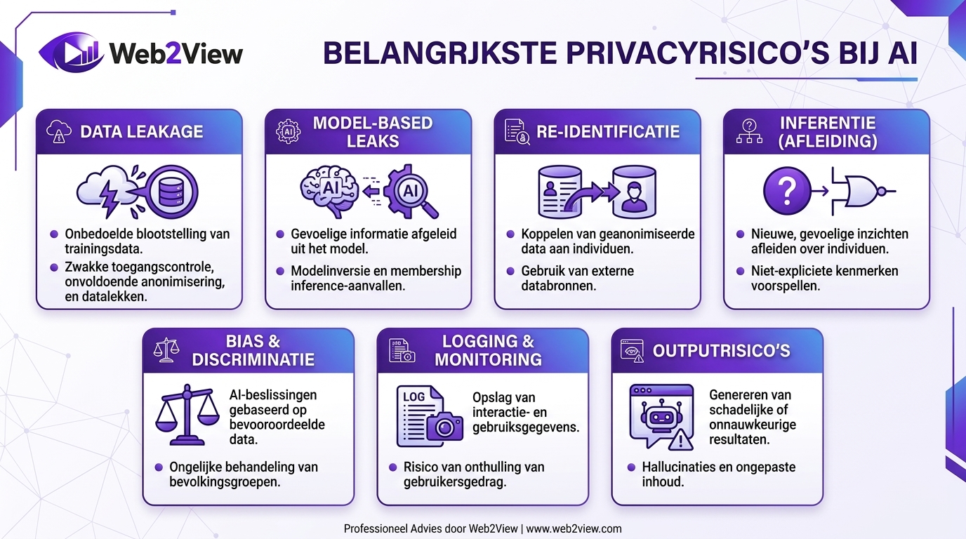 infographic met de belangrijkste privacyrisico’s bij AI zoals data leakage, re-identificatie en bias