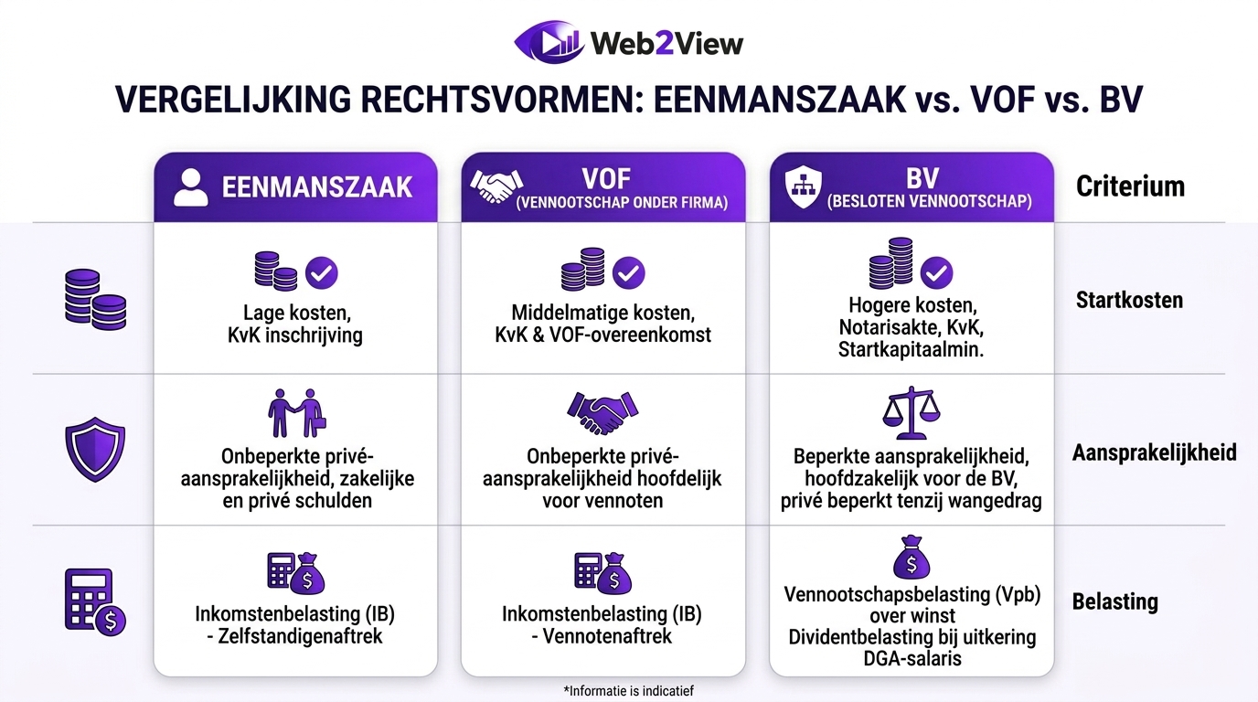 vergelijking van eenmanszaak vof en bv met verschillen in aansprakelijkheid kosten en belasting