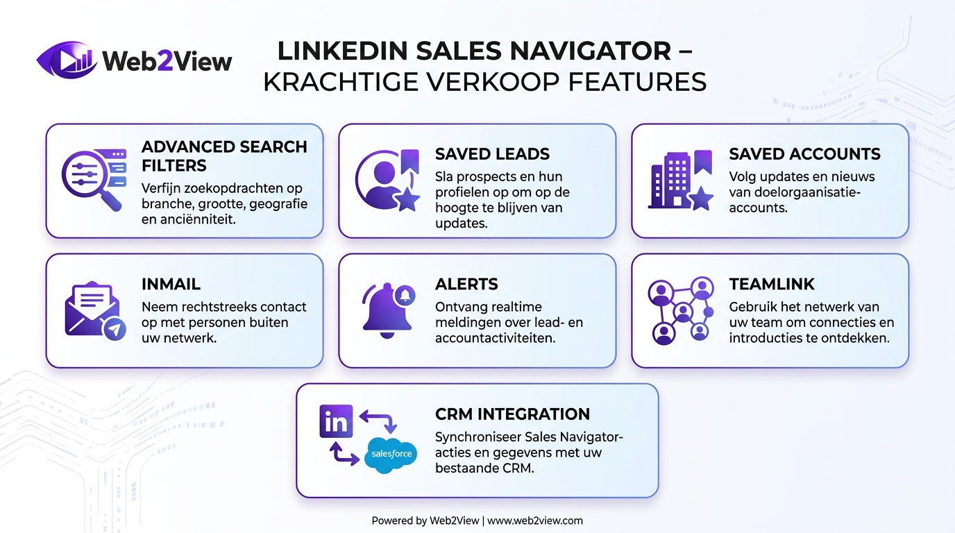 infographic met belangrijkste Sales Navigator features zoals zoekfilters, saved leads, InMail en CRM integratie