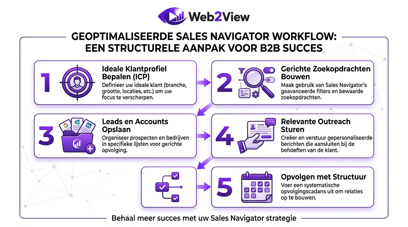 flowchart met Sales Navigator workflow van klantprofiel en zoekopdrachten tot outreach en opvolging