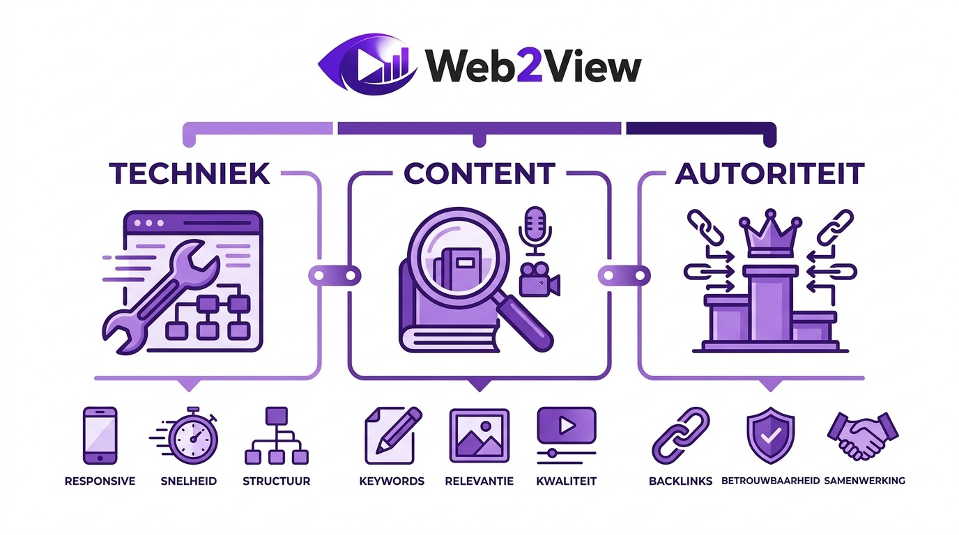 overzicht van de drie pijlers van SEO techniek content en autoriteit