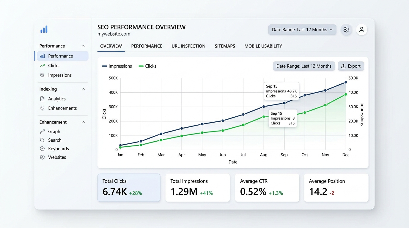 grafiek uit seo dashboard met stijgende vertoningen en klikken na optimalisatie van pagina