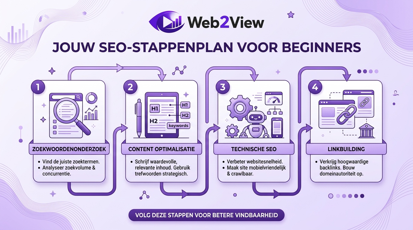 overzicht van seo stappenplan voor beginners met belangrijke stappen zoals zoekwoordenonderzoek en optimalisatie