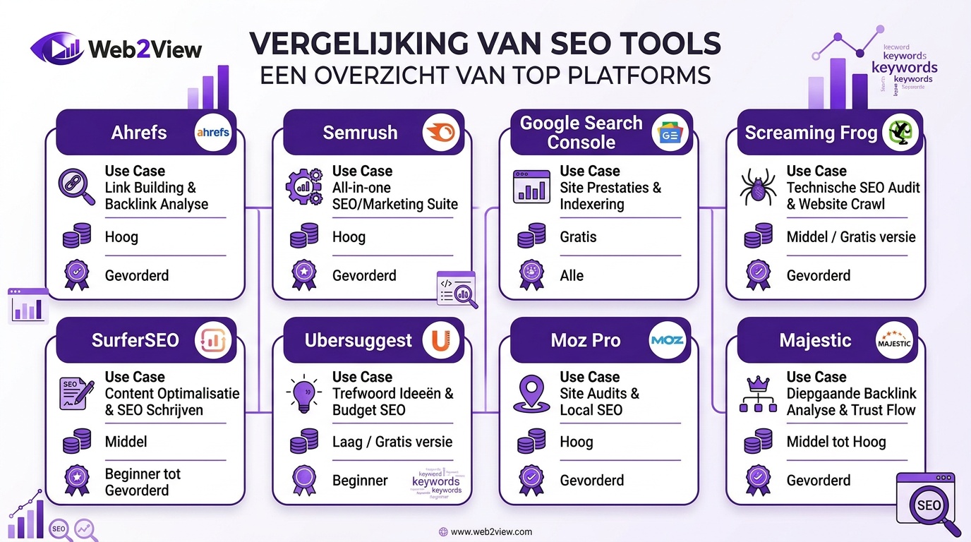 vergelijking van seo tools zoals ahrefs semrush google search console screaming frog en surferseo