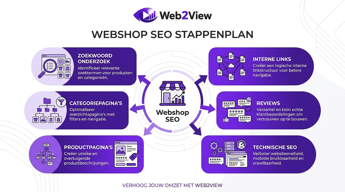 overzicht van seo voor webshops met keyword research productpagina's categoriepagina's technische seo en structured data