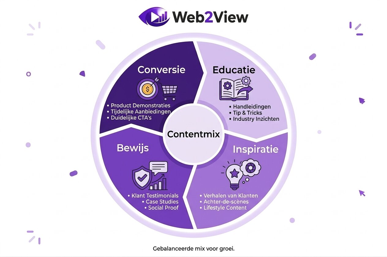 overzicht van social media contentmix met educatie inspiratie bewijs en conversie