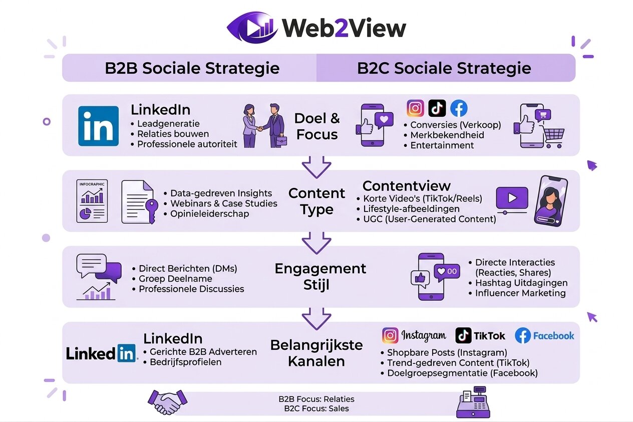 overzicht van social media kanalen voor b2b en b2c marketing met verschillen per platform