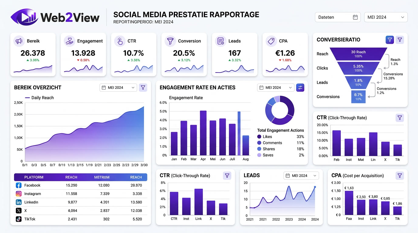 dashboard voor social media rapportage met KPI-scorecard, bereik, engagement, CTR en conversies