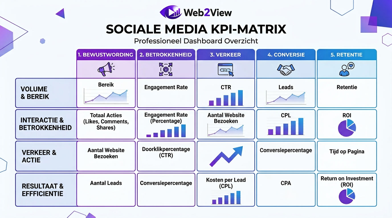 kpi matrix voor social media met awareness, engagement, traffic, conversie en retentie