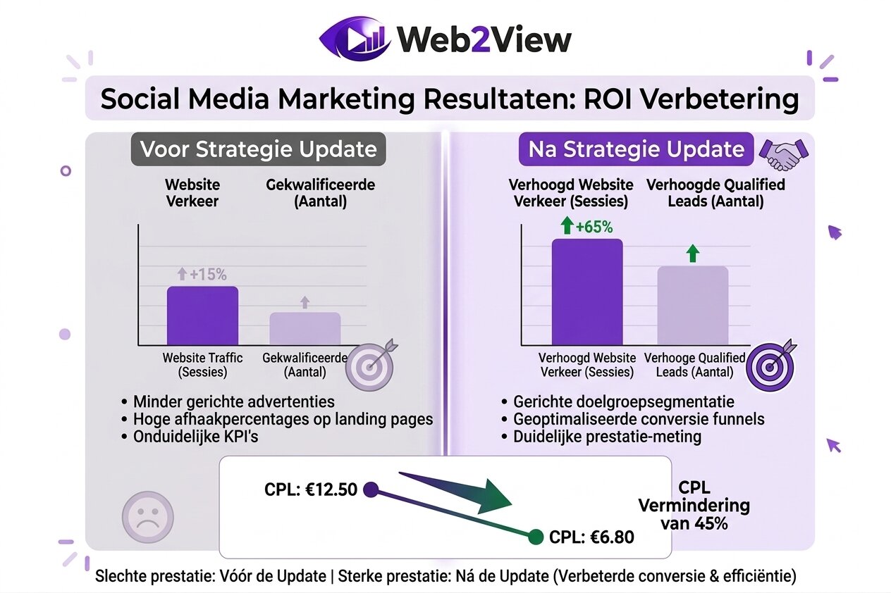 grafiek met groei in websiteverkeer en leads en lagere kosten per lead door social media marketing