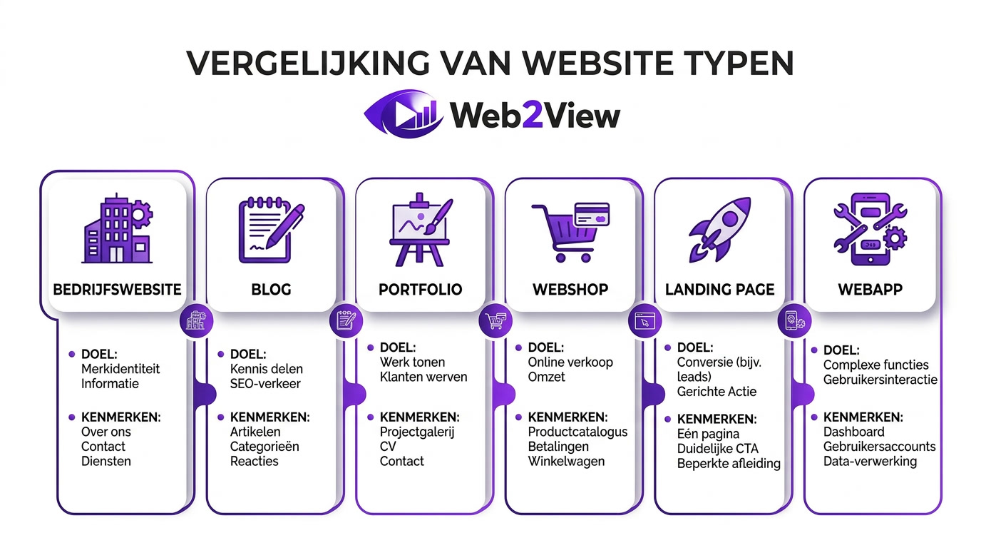 vergelijking van soorten websites zoals bedrijfswebsite blog portfolio webshop landing page en webapp